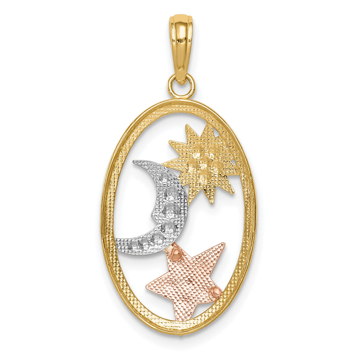 14k Two-tone w/White Rhodium Sun, Moon and Star Oval Pendant-K3191