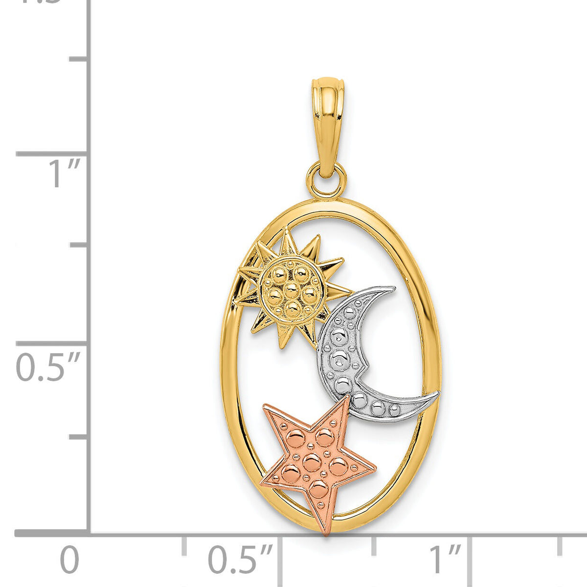 14k Two-tone w/White Rhodium Sun, Moon and Star Oval Pendant-K3191