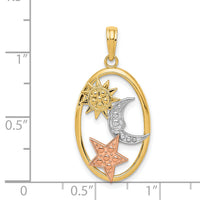 14k Two-tone w/White Rhodium Sun, Moon and Star Oval Pendant-K3191