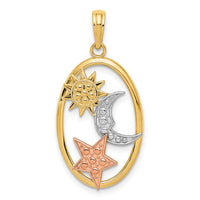 14k Two-tone w/White Rhodium Sun, Moon and Star Oval Pendant-K3191