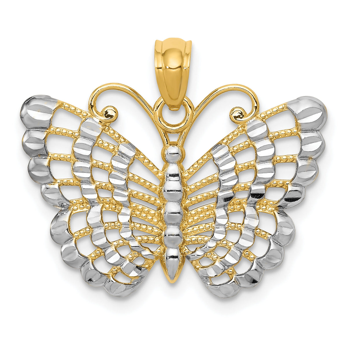 14k and Rhodium Diamond-cut Butterfly Pendant-K3236