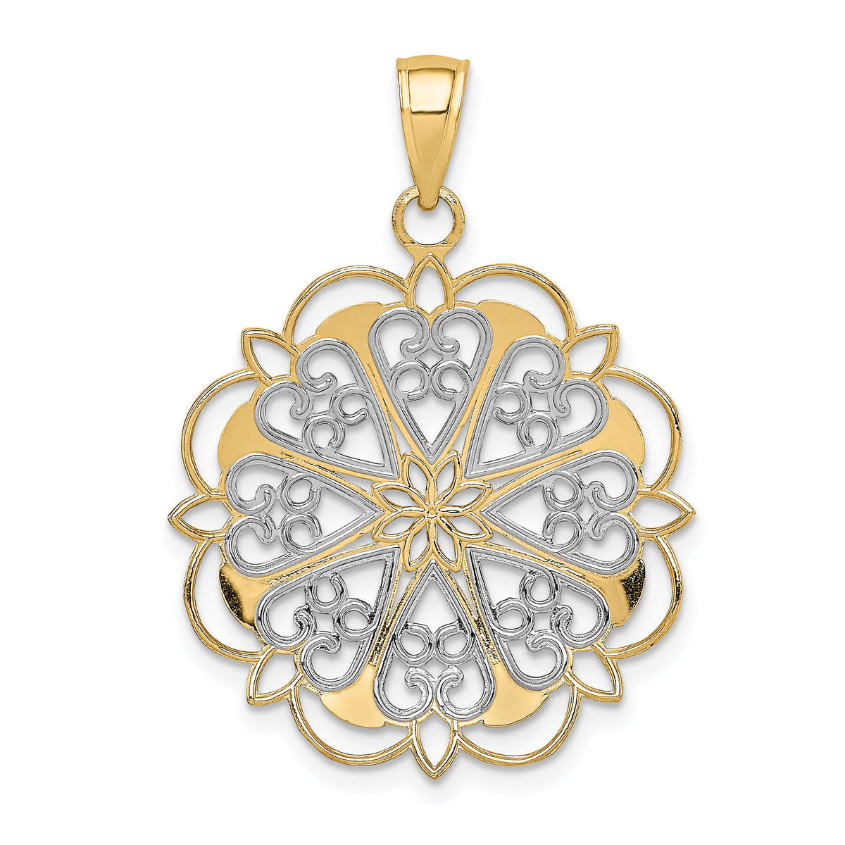 14K w/Rhodium Filigree Hearts W/Scalloped Edge Pendant-K3462