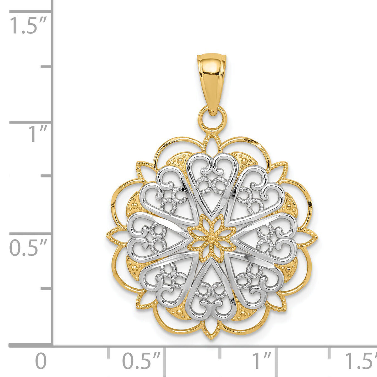 14K w/Rhodium Filigree Hearts W/Scalloped Edge Pendant-K3462