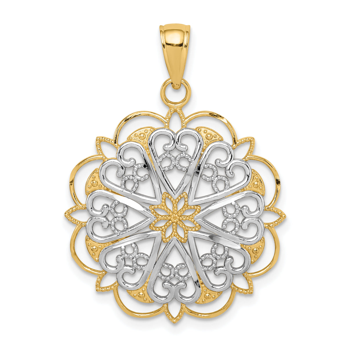 14K w/Rhodium Filigree Hearts W/Scalloped Edge Pendant-K3462