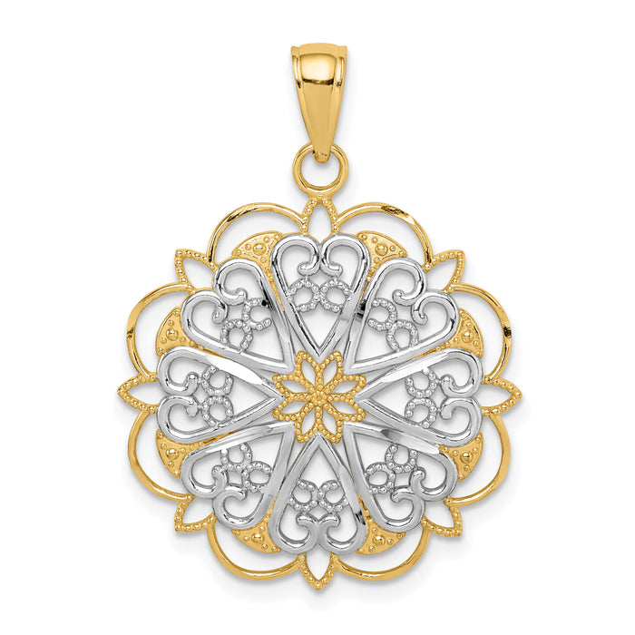 14K w/Rhodium Filigree Hearts W/Scalloped Edge Pendant-K3462