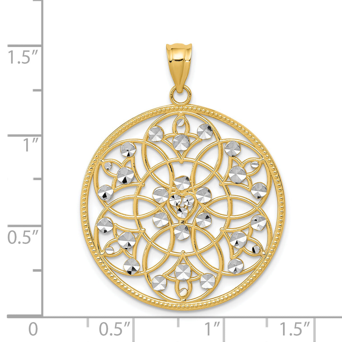 14K and Rhodium Diamond-cut Circle Pendant-K3484