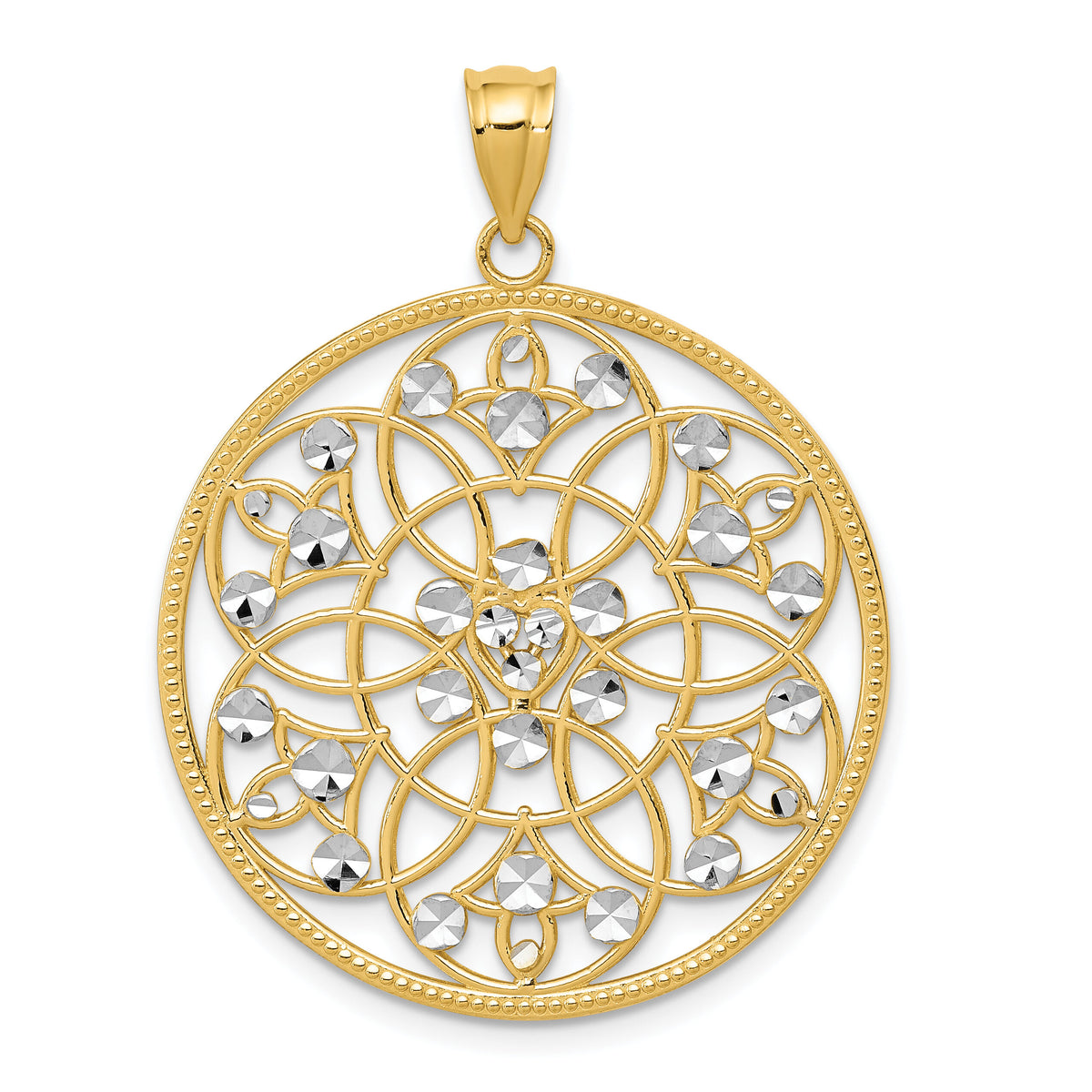 14K and Rhodium Diamond-cut Circle Pendant-K3484