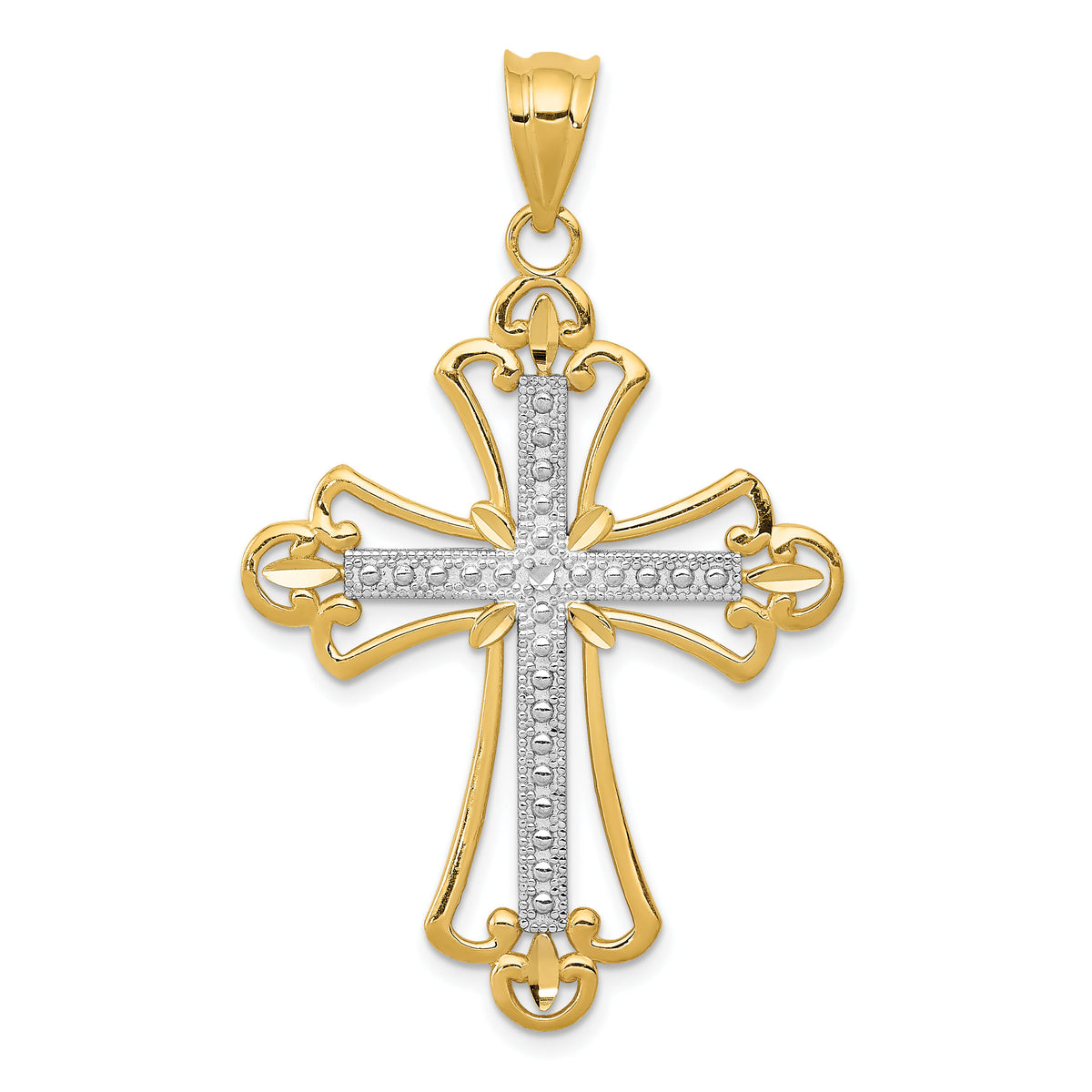 14K w/Rhodium Budded Cross Pendant-K3649