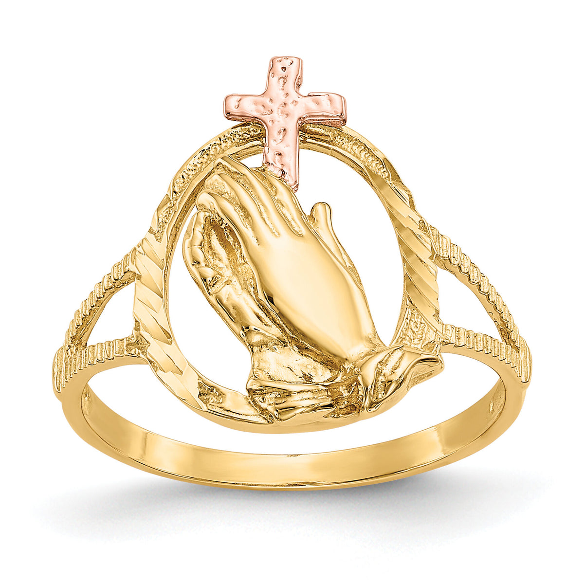 14K Two-tone Diamond Cut Praying Hands Cross Ring-K3965