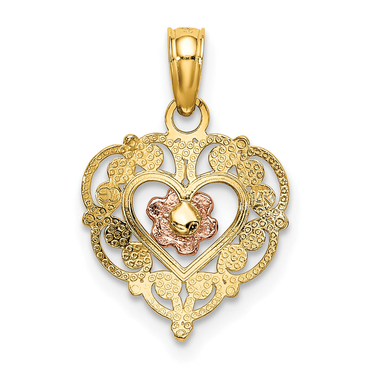 14K Two-tone Polished Flower in Fancy Border Heart Pendant-K4012