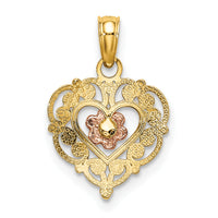 14K Two-tone Polished Flower in Fancy Border Heart Pendant-K4012
