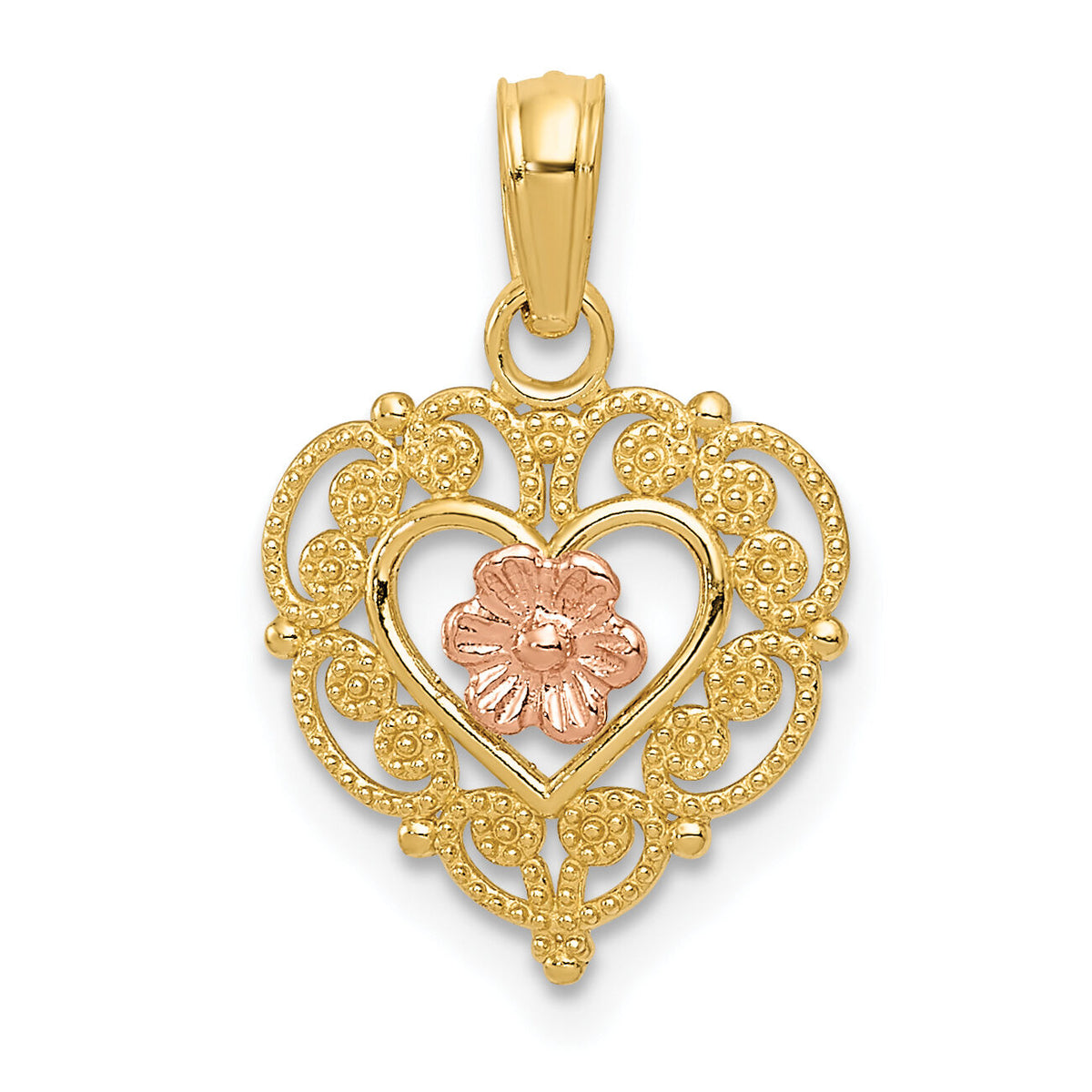 14K Two-tone Polished Flower in Fancy Border Heart Pendant-K4012