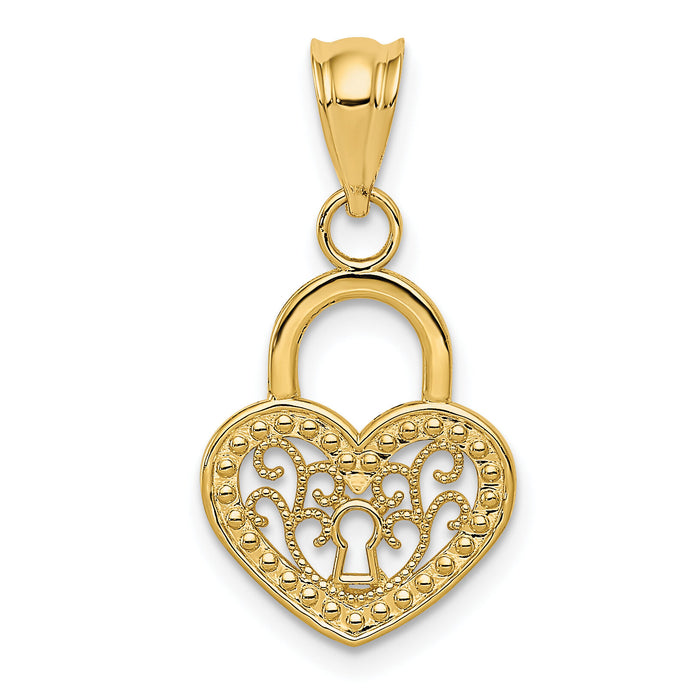 14K Polished Filigree Heart Lock Charm-K4033