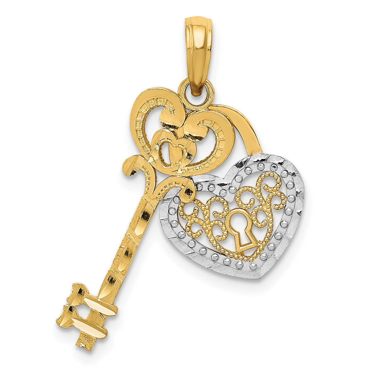 14K w/White Rhodium Moveable Filigree Heart Key and Lock Charm-K4034