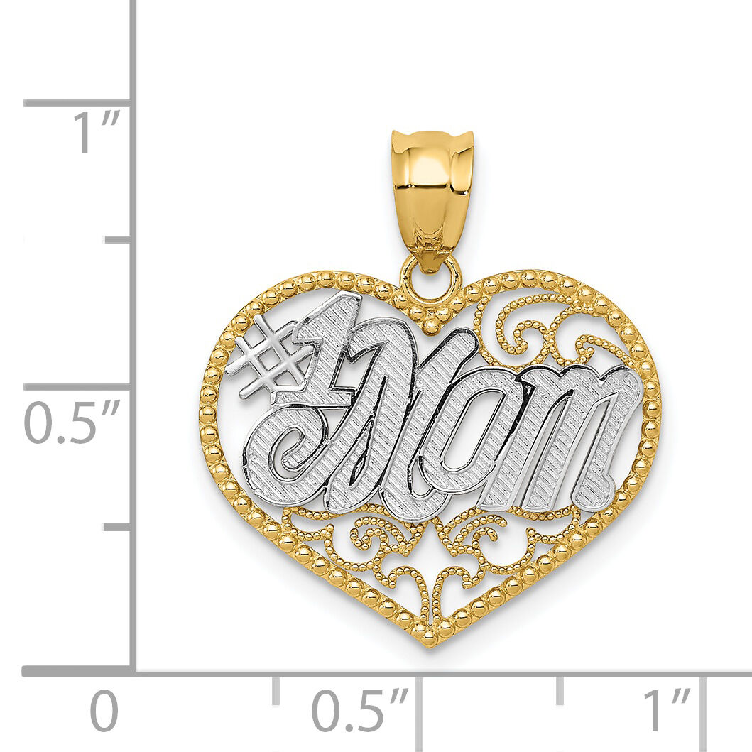 14k and White Rhodium Filigree #1 Mom Heart Pendant-K4076