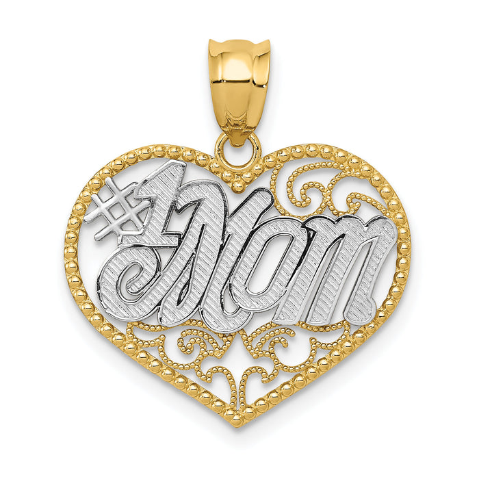 14k and White Rhodium Filigree #1 Mom Heart Pendant-K4076