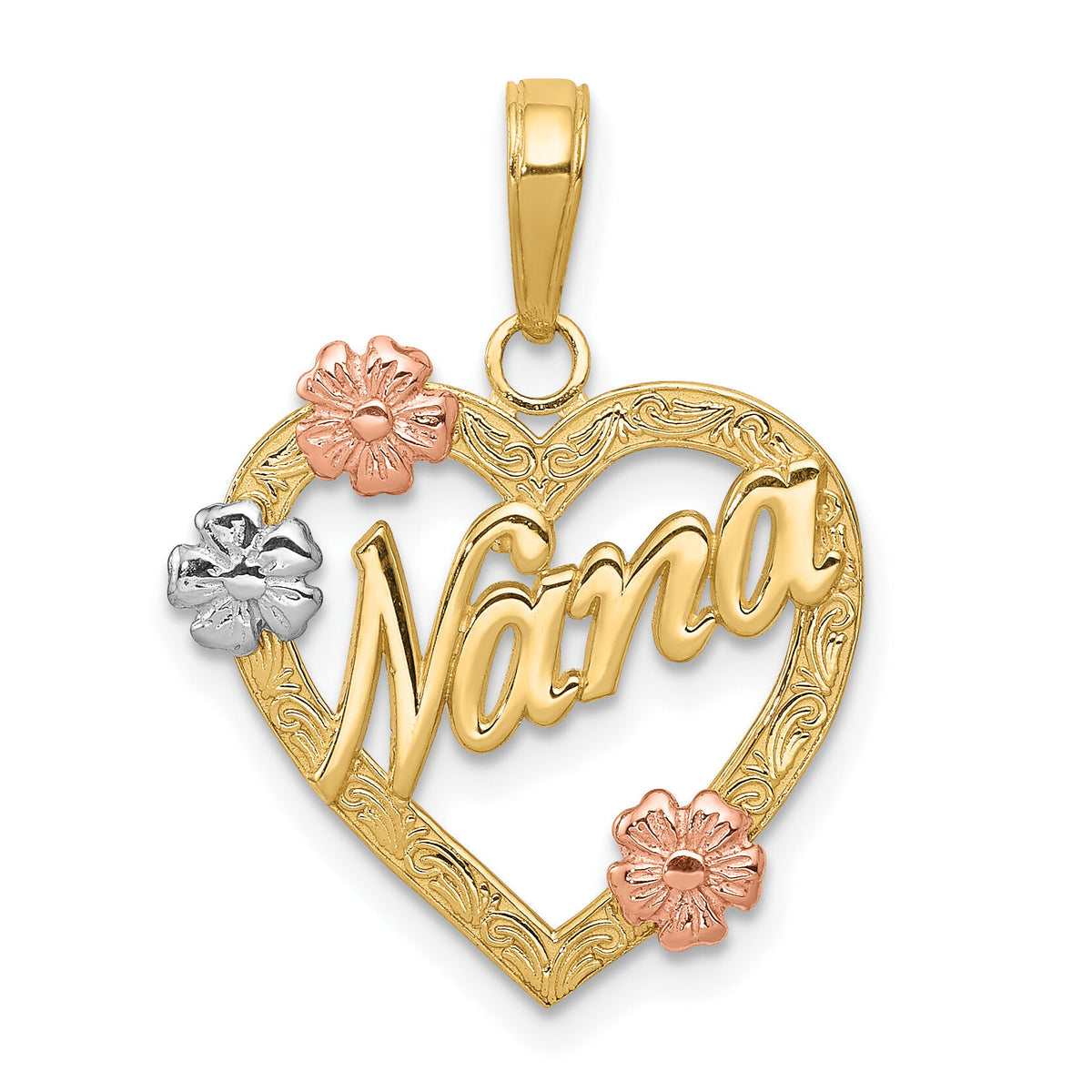 14K Tri-color NANA in Heart with Flowers Pendant-K4083