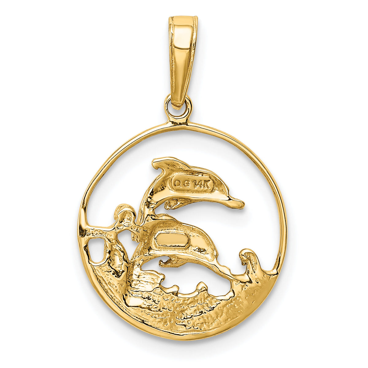 14K and Rhodium Double Dolphins In Circle Pendant-K4186
