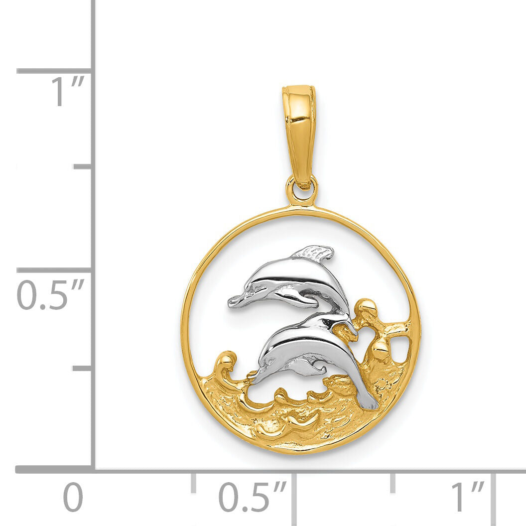 14K and Rhodium Double Dolphins In Circle Pendant-K4186