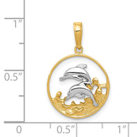 14K and Rhodium Double Dolphins In Circle Pendant-K4186