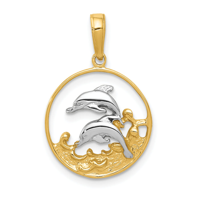 14K and Rhodium Double Dolphins In Circle Pendant-K4186
