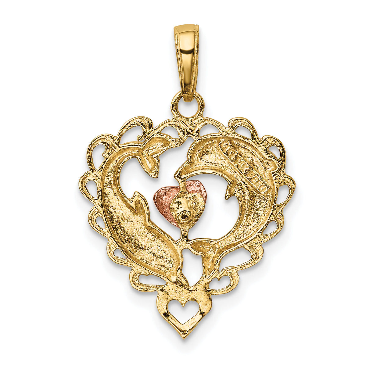 14K Two-Tone w/White Rhodium Dolphins In Heart Pendant-K4188