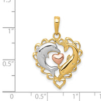 14K Two-Tone w/White Rhodium Dolphins In Heart Pendant-K4188