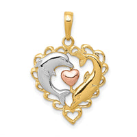 14K Two-Tone w/White Rhodium Dolphins In Heart Pendant-K4188