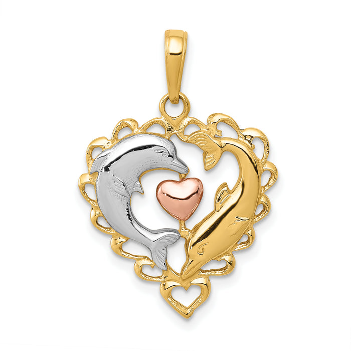 14K Two-Tone w/White Rhodium Dolphins In Heart Pendant-K4188