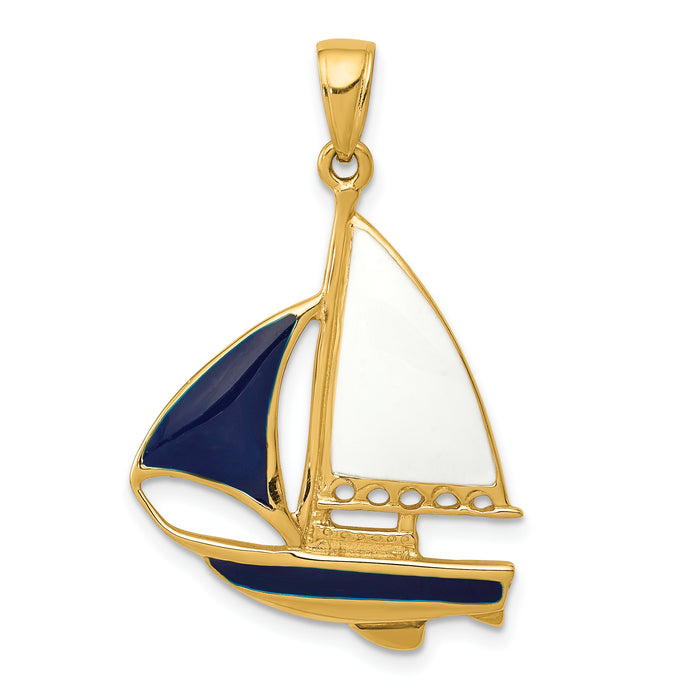 14K 2-D Blue and White Enameled Sailboat Pendant-K4199