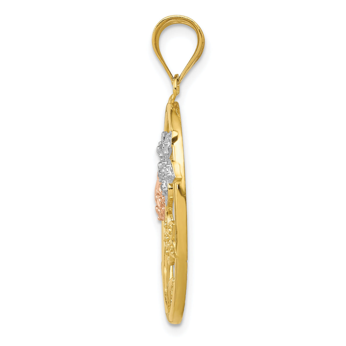 14k Two-tone w/White Rhodium Diamond-cut Oval Floral Pendant-K4214