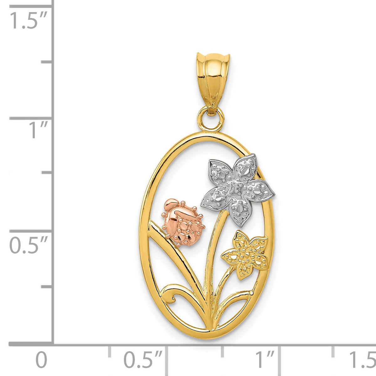 14k Two-tone w/White Rhodium Diamond-cut Oval Floral Pendant-K4214