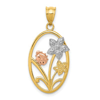 14k Two-tone w/White Rhodium Diamond-cut Oval Floral Pendant-K4214