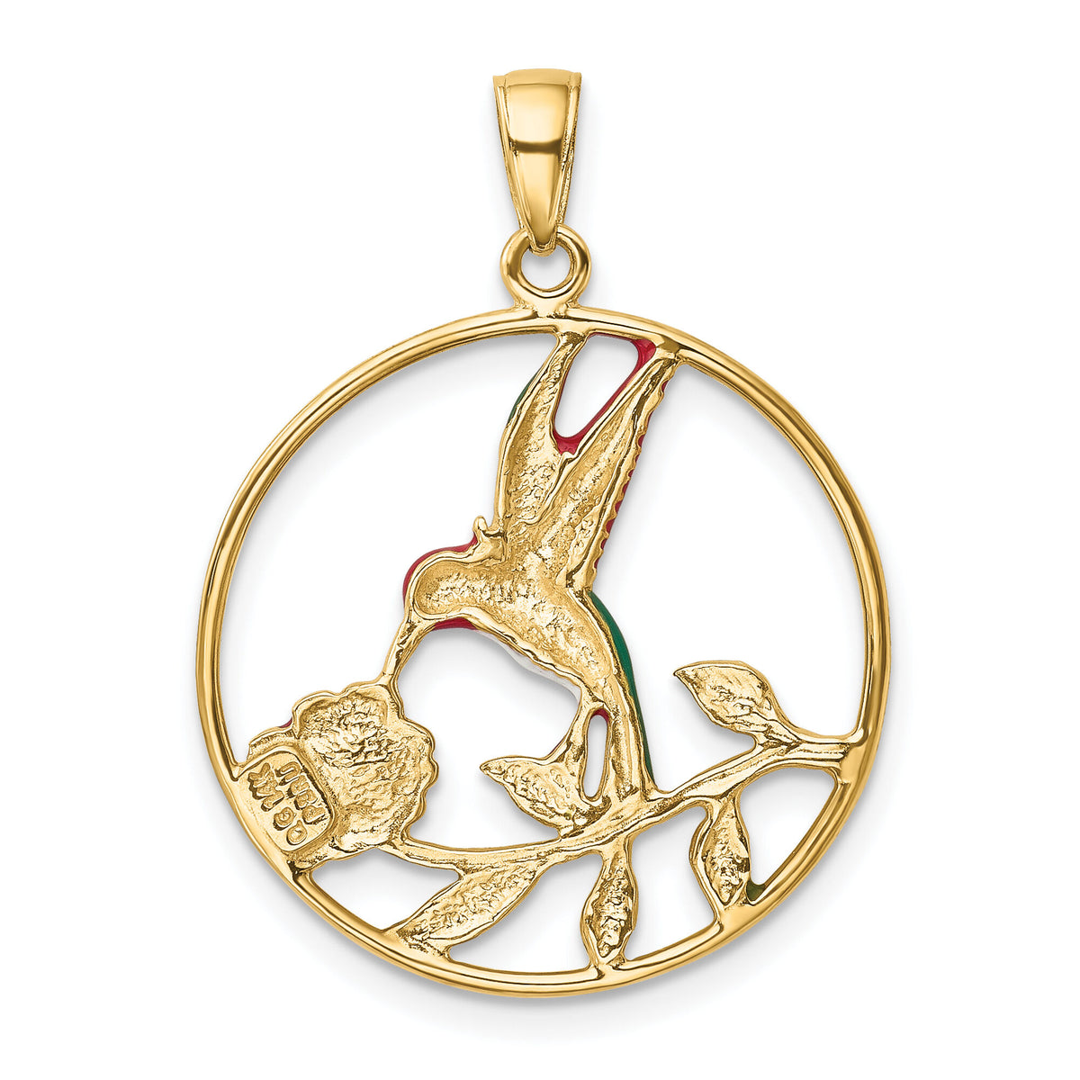 14K Enameled Hummingbird and Flower in Circle Pendant-K4221