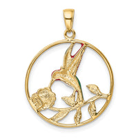 14K Enameled Hummingbird and Flower in Circle Pendant-K4221