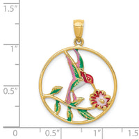14K Enameled Hummingbird and Flower in Circle Pendant-K4221