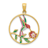 14K Enameled Hummingbird and Flower in Circle Pendant-K4221