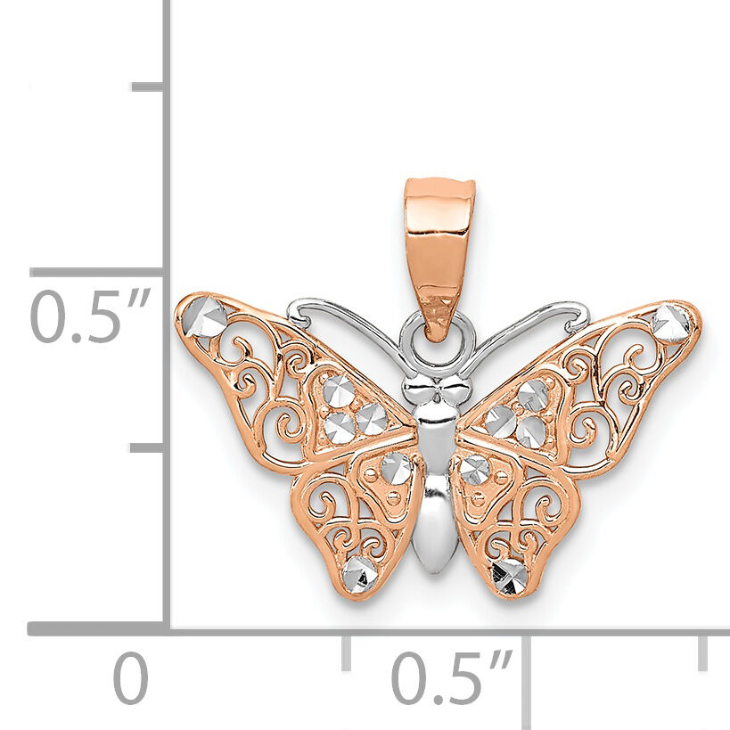 14k Rose Gold w/Rhodium Diamond-cut Butterfly Pendant-K4237