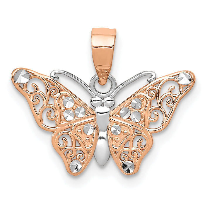 14k Rose Gold w/Rhodium Diamond-cut Butterfly Pendant-K4237
