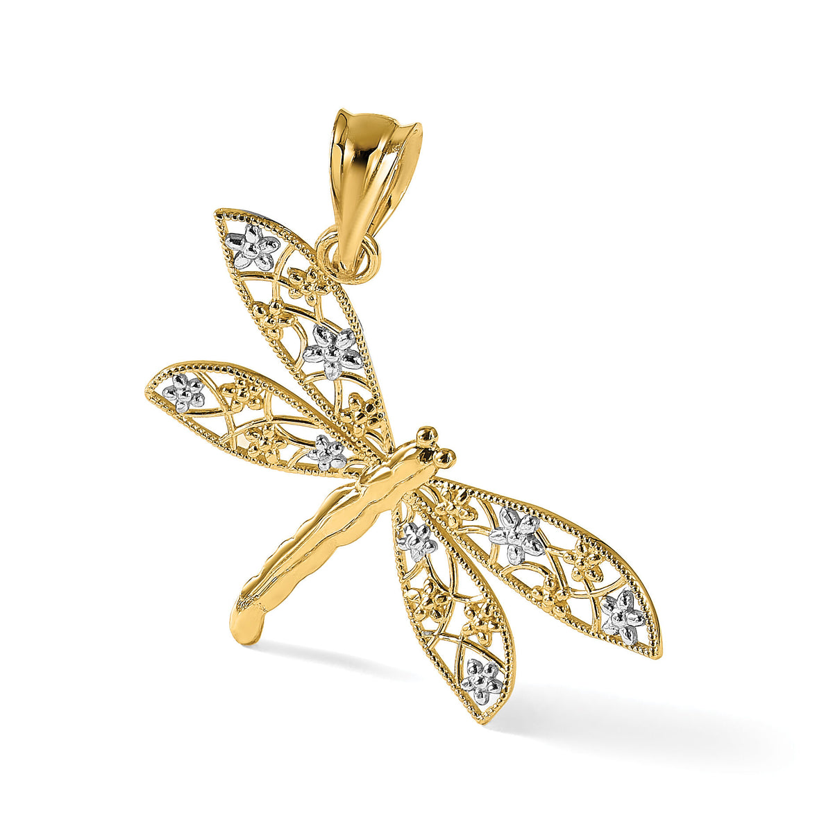 14k w/Rhodium Filigree Dragonfly Pendant-K4245