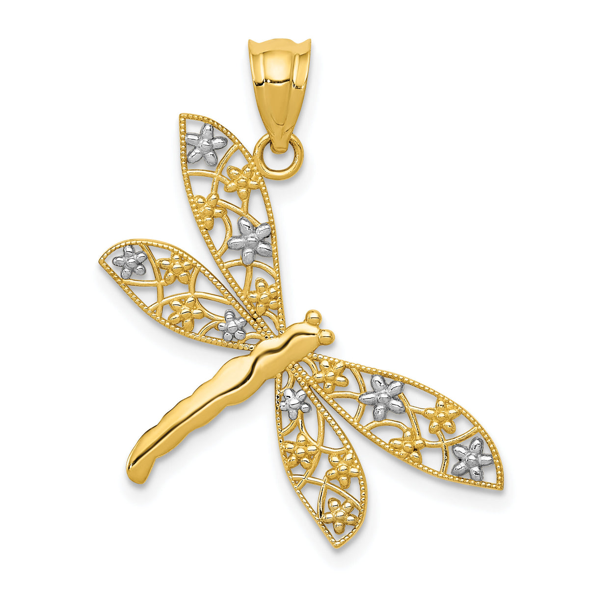 14k w/Rhodium Filigree Dragonfly Pendant-K4245
