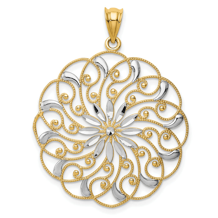 14k and Rhodium Diamond-cut Fancy Swirl Pendant-K4285