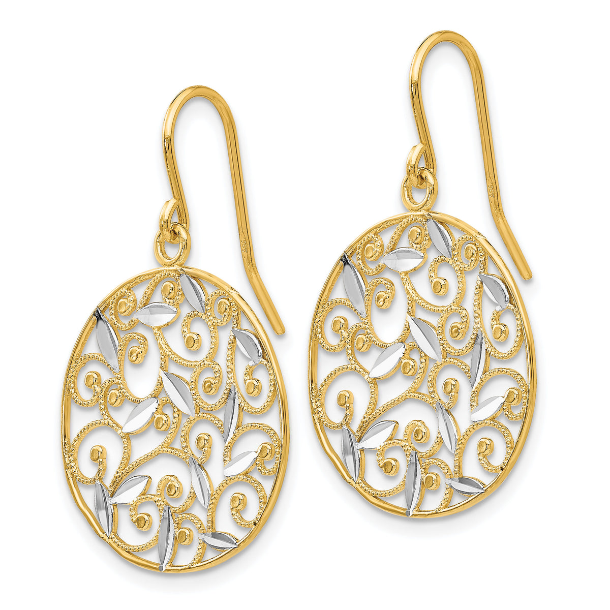 14K and Rhodium Diamond-cut Filigree Circle Wire Earrings-K4348
