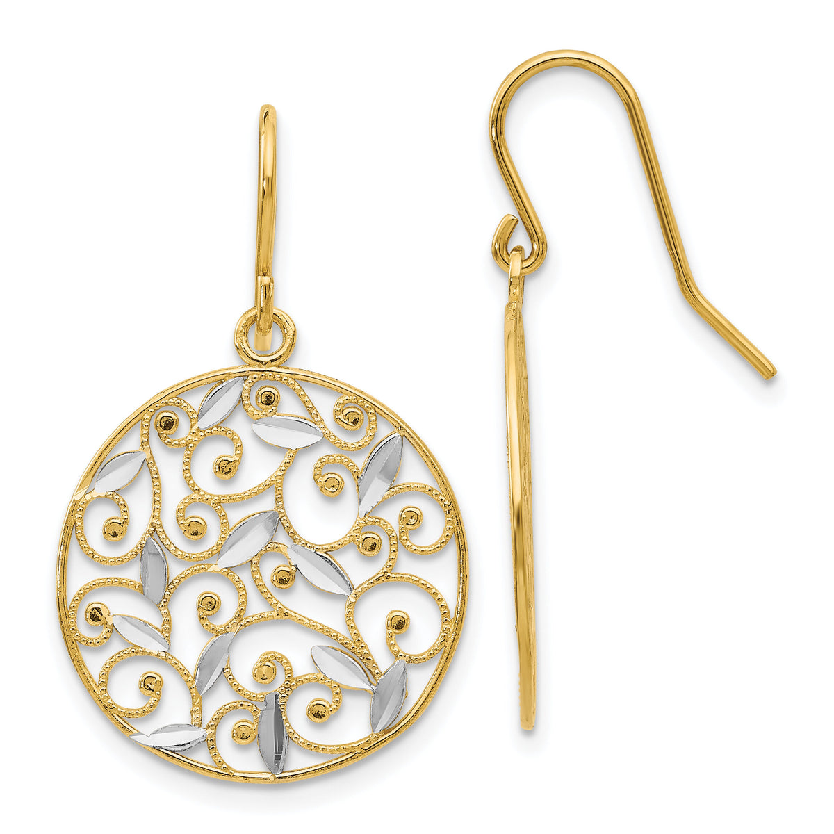 14K and Rhodium Diamond-cut Filigree Circle Wire Earrings-K4348
