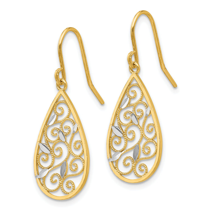 14K White Rhodium Diamond-cut Filigree Teardrop Wire Earrings-K4363