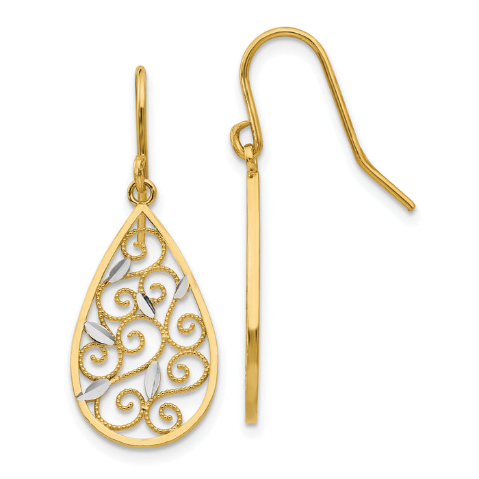 14K White Rhodium Diamond-cut Filigree Teardrop Wire Earrings-K4363
