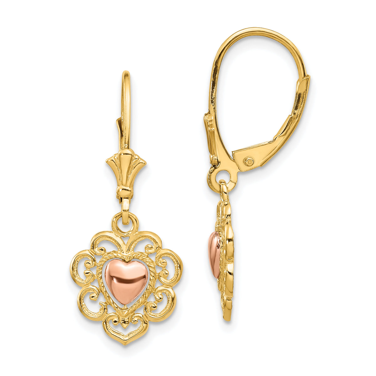 14K Two-tone Heart with Lace Trim Leverback Earrings-K4384