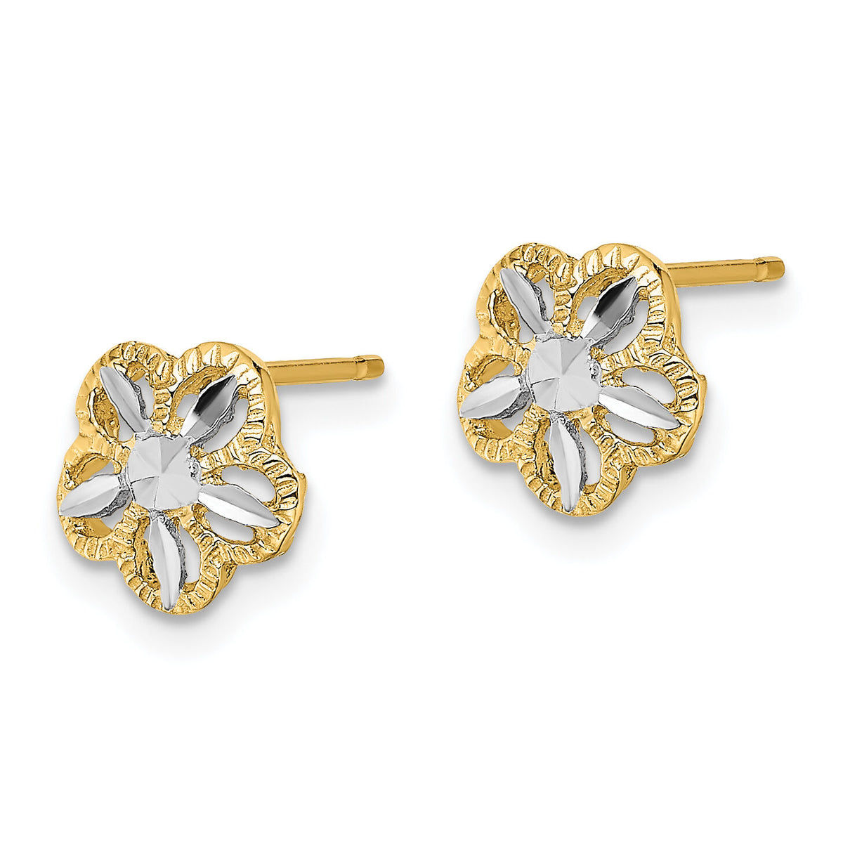 14K w/Rhodium Diamond-cut Flower Post Earrings-K4410