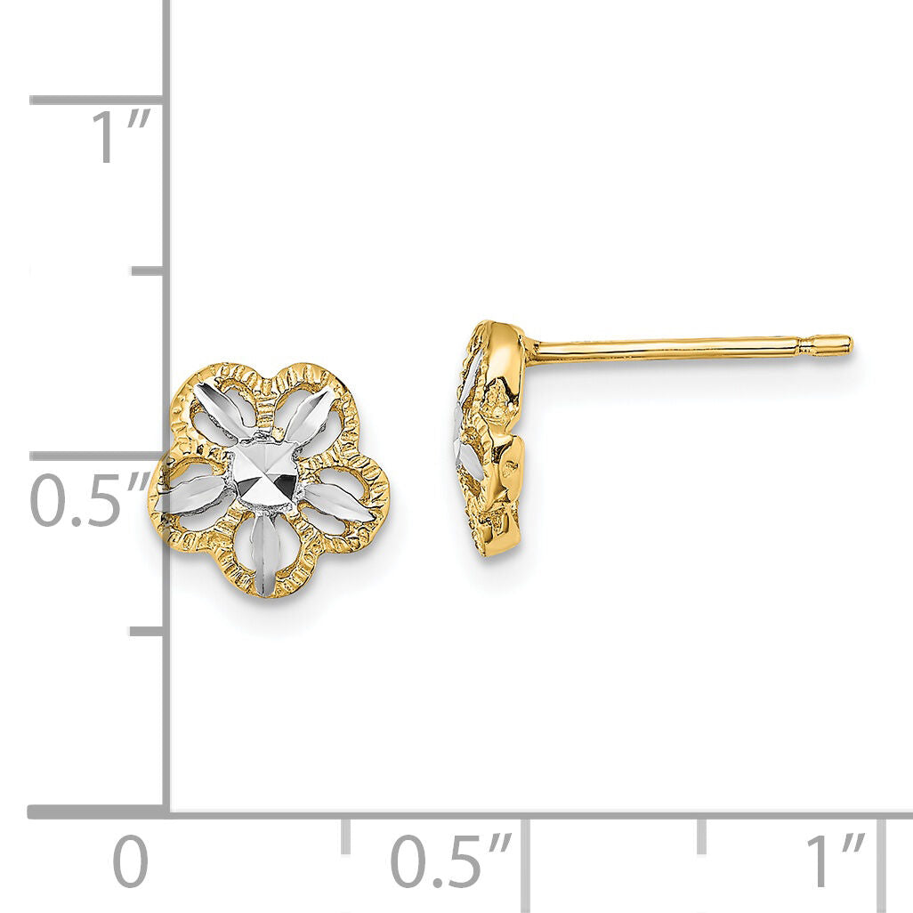 14K w/Rhodium Diamond-cut Flower Post Earrings-K4410
