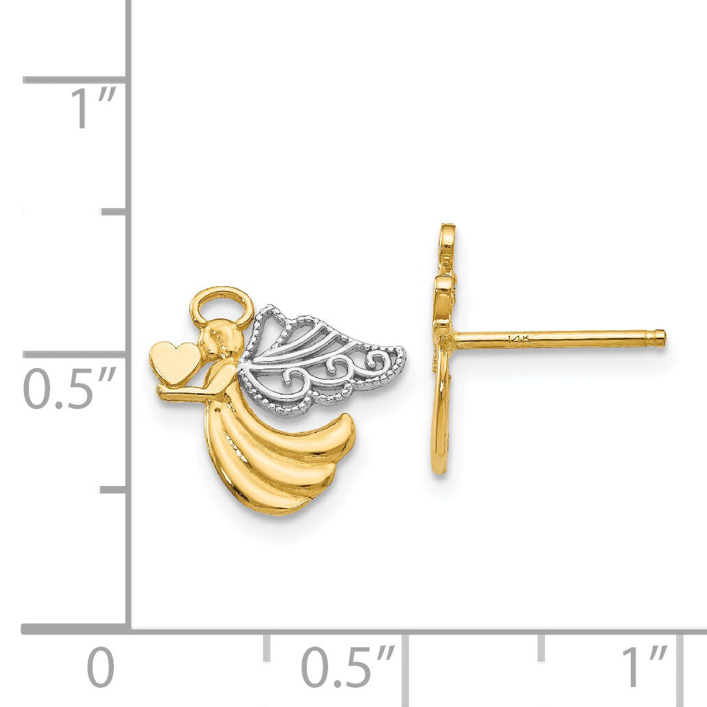 14K w/Rhodium Angel With Heart Post Earrings-K4523